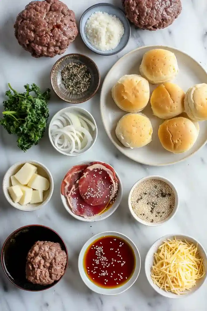 Oven-baked cheeseburger sliders with golden tops and sesame seeds, perfect for party serving.