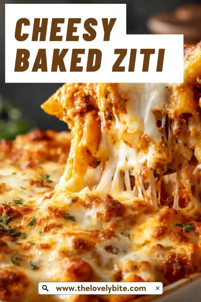 Cheesy baked ziti served in a baking dish with melted mozzarella and rich marinara sauce. This comforting pasta bake is layered with ricotta and perfectly cooked ziti pasta.