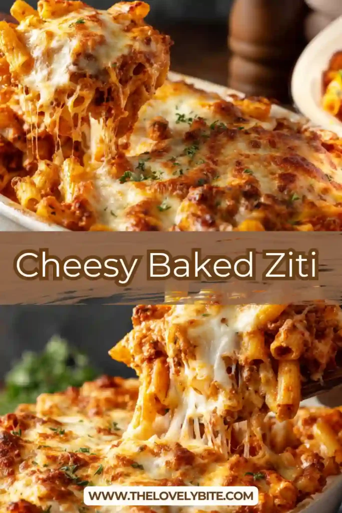 Freshly baked cheesy baked ziti topped with golden melted mozzarella cheese. The pasta is coated in marinara sauce and baked until bubbly and delicious.