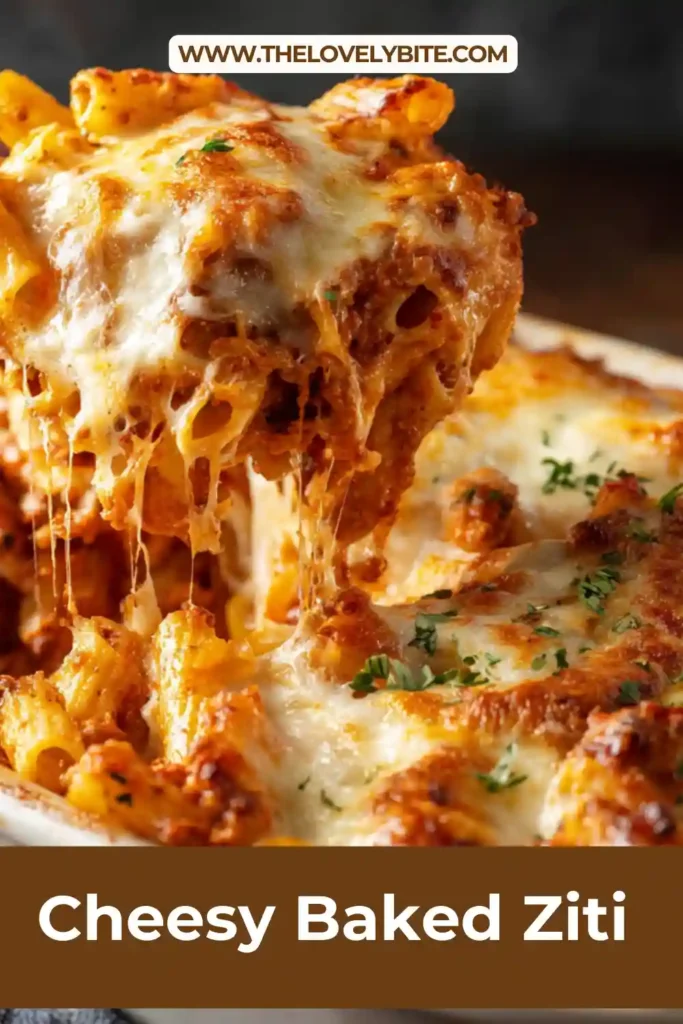 Close-up of cheesy baked ziti pasta with creamy ricotta layers and marinara sauce. A hearty baked pasta dish perfect for family dinners.