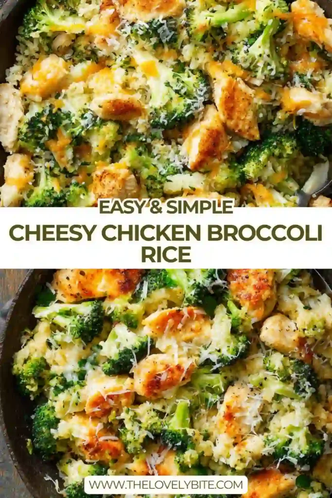 A skillet filled with cheesy chicken broccoli rice topped with melted cheddar cheese and tender broccoli florets. The dish looks creamy and comforting with golden chicken pieces and fluffy rice.