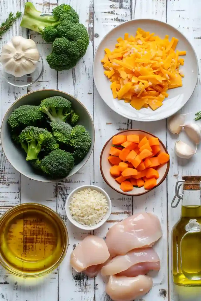 Comforting cheesy chicken broccoli rice dish made with juicy chicken, broccoli, fluffy rice, and melted cheddar cheese.