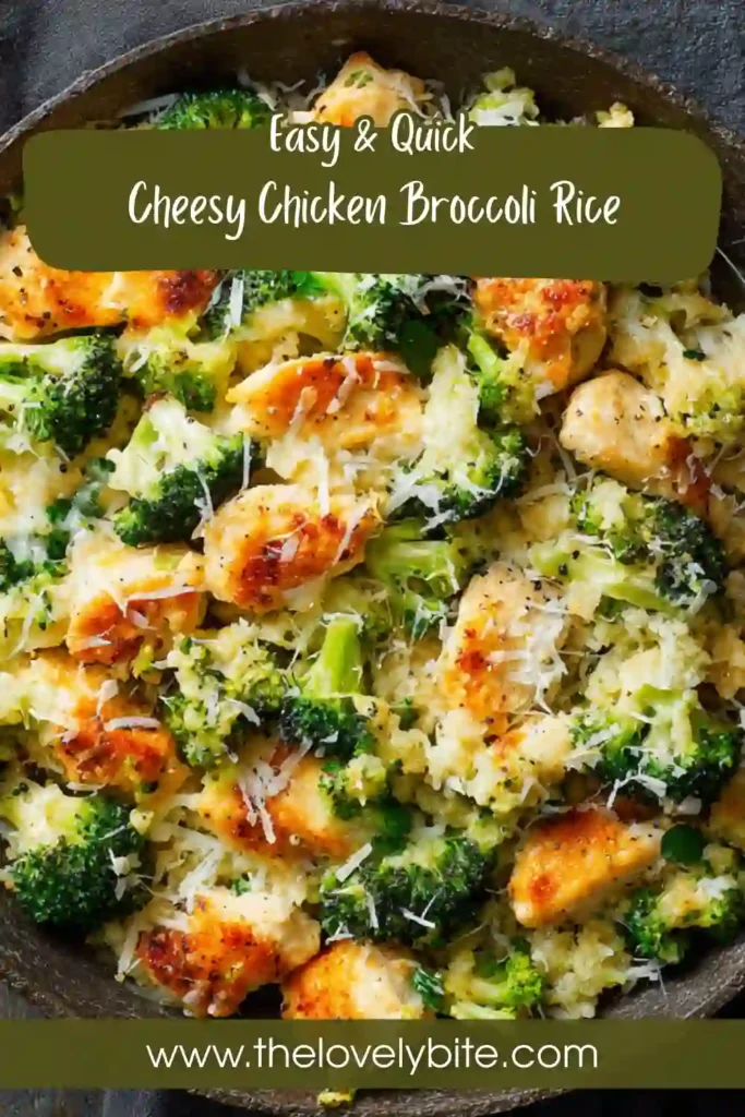 Homemade cheesy chicken broccoli rice served in a pan with melted cheddar cheese, fresh broccoli, and tender chicken chunks.