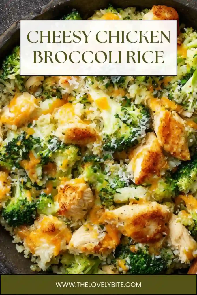 Close-up of creamy chicken broccoli rice with cheddar cheese and perfectly cooked white rice in a one-pan dinner recipe.