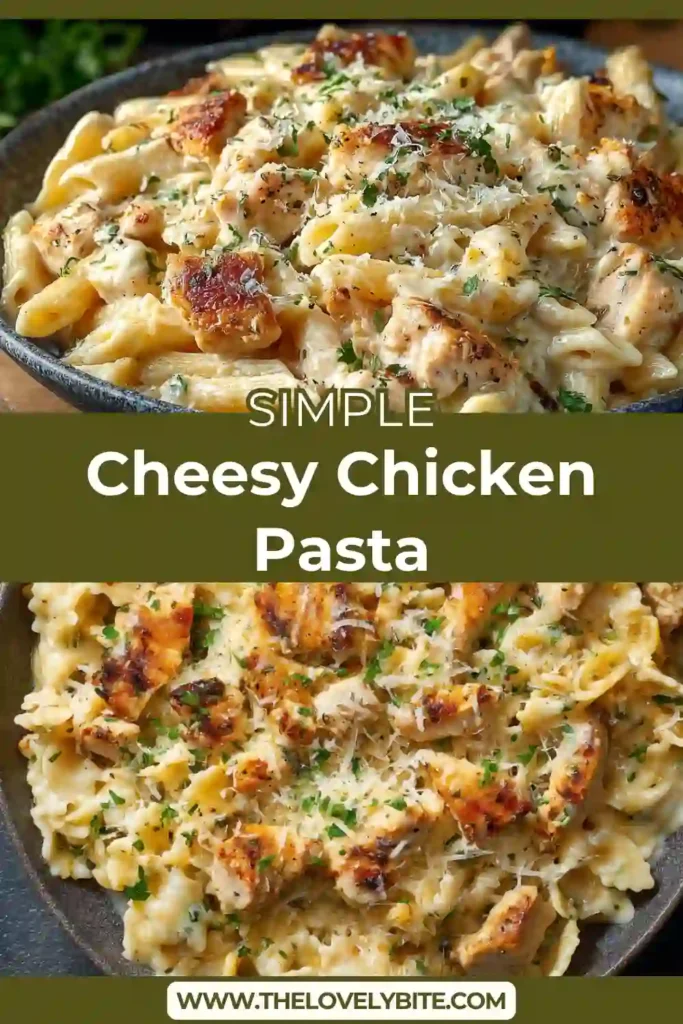A bowl of cheesy chicken pasta with creamy sauce, tender chicken pieces, and melted cheddar and Parmesan cheese. The pasta looks rich and perfectly coated.