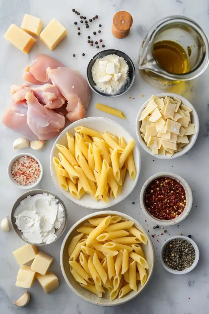 Serving of cheesy chicken pasta with creamy texture and melted cheese, ideal for an easy family dinner.