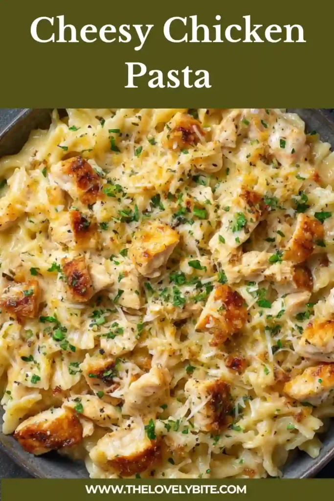 Close-up of creamy cheesy chicken pasta garnished with herbs, showing the smooth sauce and juicy chicken. Perfect comfort food meal.