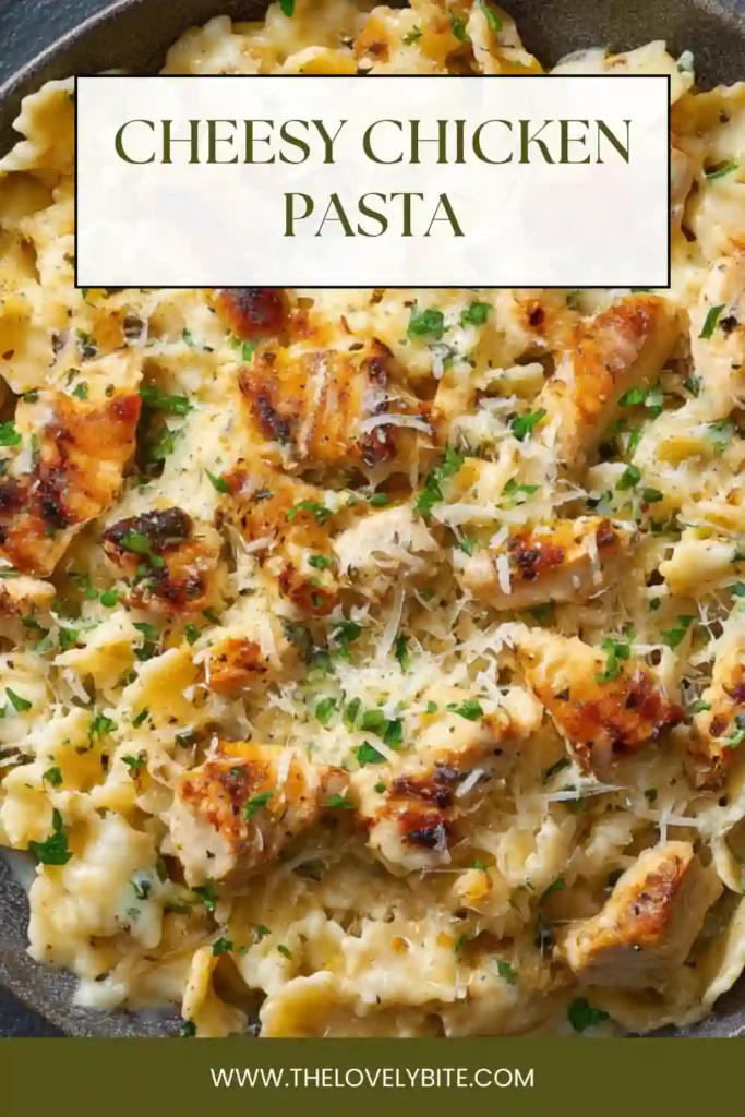 Freshly cooked cheesy chicken pasta in a pan with golden chicken pieces and thick cheese sauce coating penne pasta.