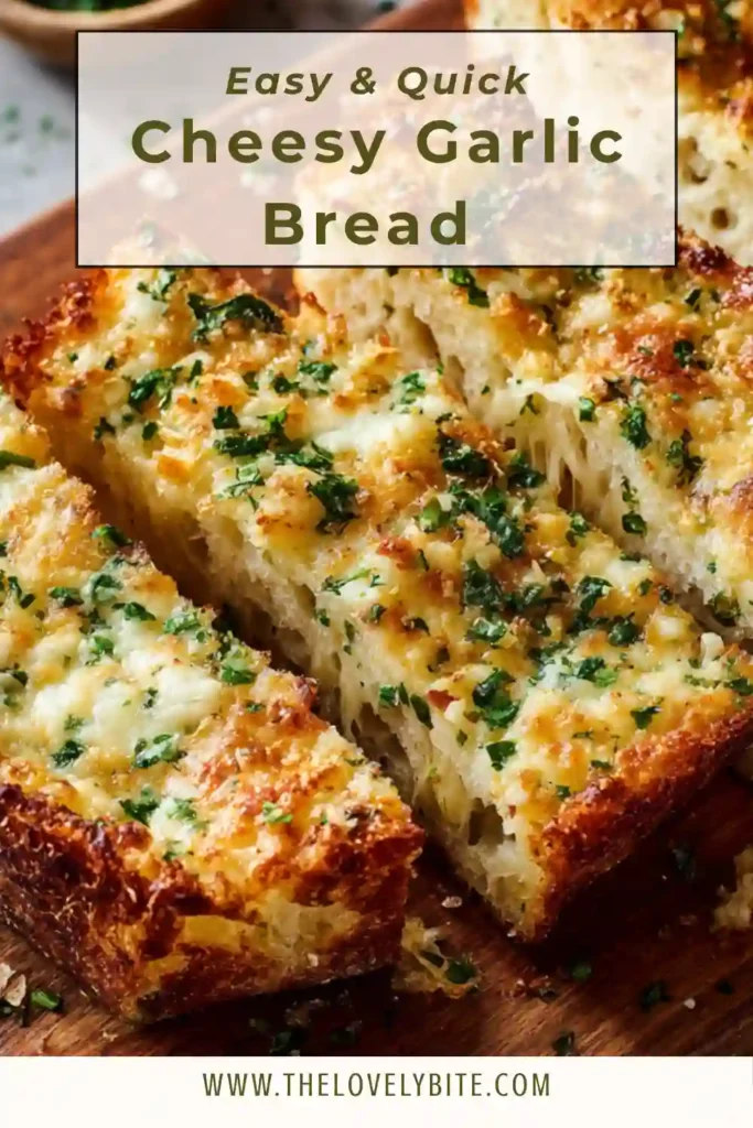 Cheesy garlic bread fresh from the oven with melted mozzarella and golden Parmesan topping on sliced Italian bread.