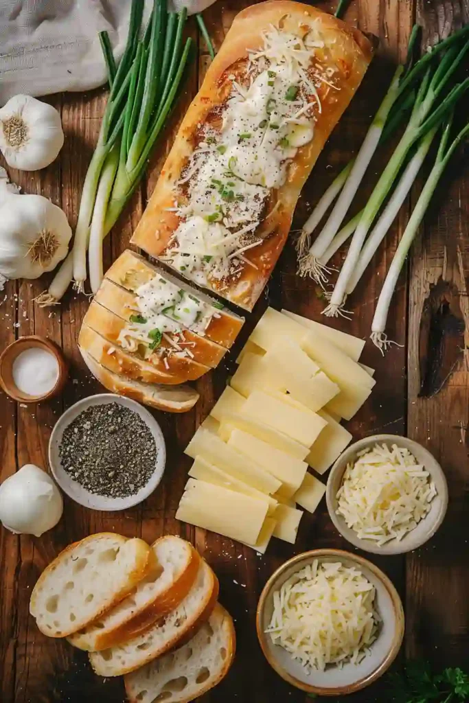 Sliced Italian cheesy garlic bread with melted cheese and herbs, served warm on a baking tray.