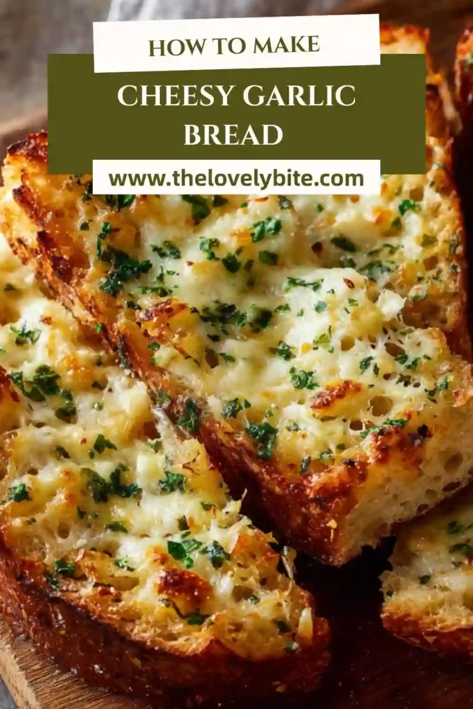 Freshly baked cheesy garlic bread recipe with buttery garlic spread and bubbling cheese topping.