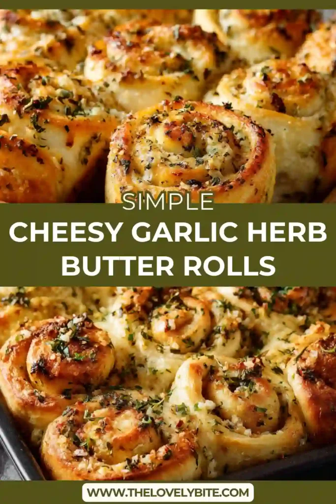 Soft and golden cheesy garlic herb butter rolls baked in a pan with melted cheese and herbs visible on top. Perfect homemade dinner rolls.