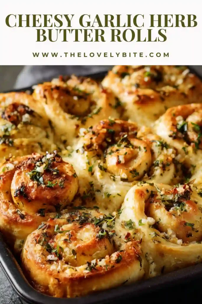 Freshly baked cheesy garlic herb butter rolls with fluffy texture and garlic butter glaze served warm in a baking dish.