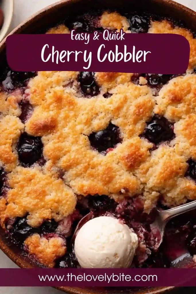 Close-up of easy cherry cobbler showing juicy cherries and soft cake topping with a golden finish. A comforting baked dessert.
