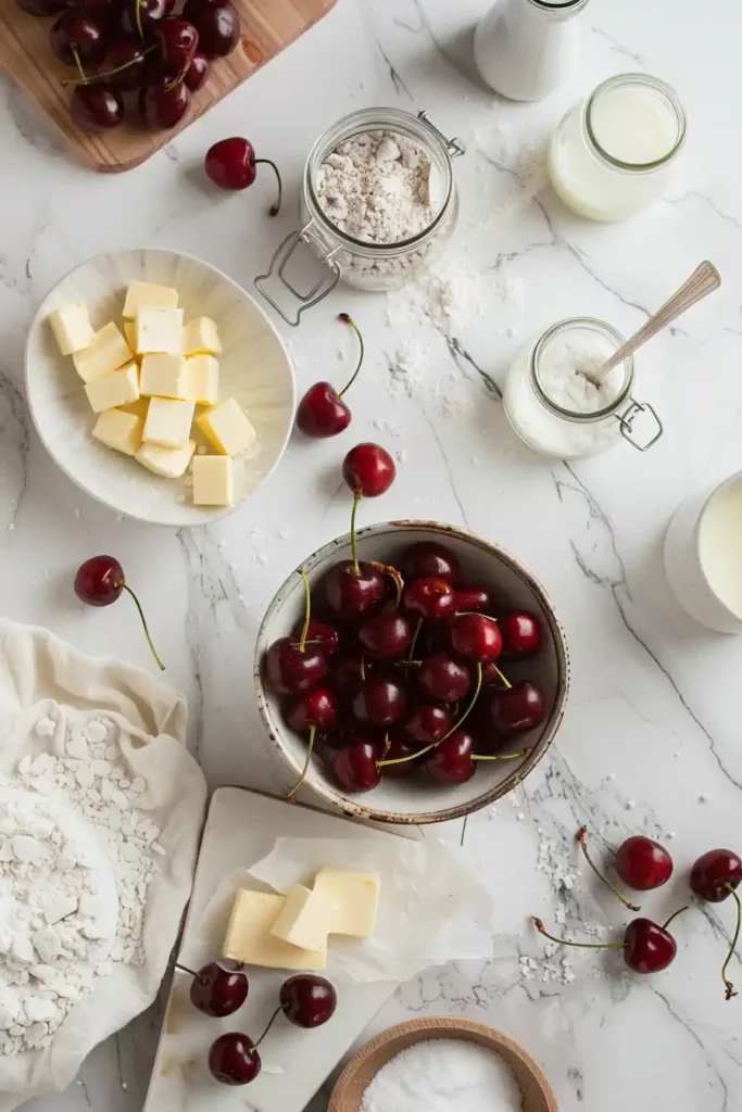 Rustic easy cherry cobbler in a baking dish with sweet cherries and golden batter topping. Freshly baked and ready to serve.