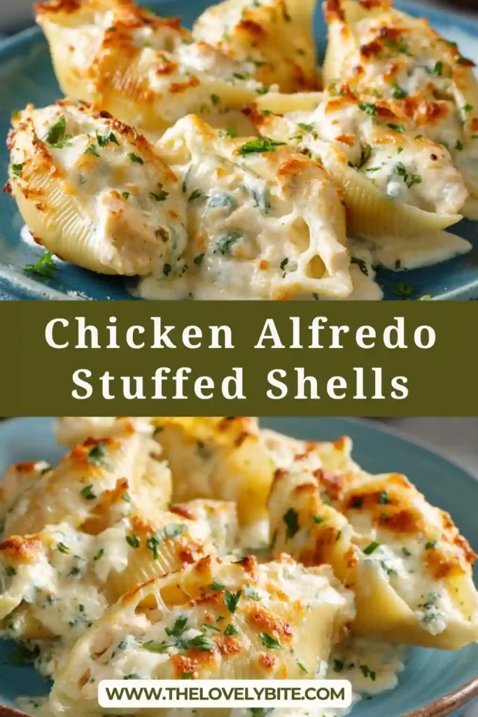 Chicken Alfredo Stuffed Shells baked with creamy sauce and melted cheese, served hot in a casserole dish. The pasta shells are filled with tender chicken and rich ricotta mixture.