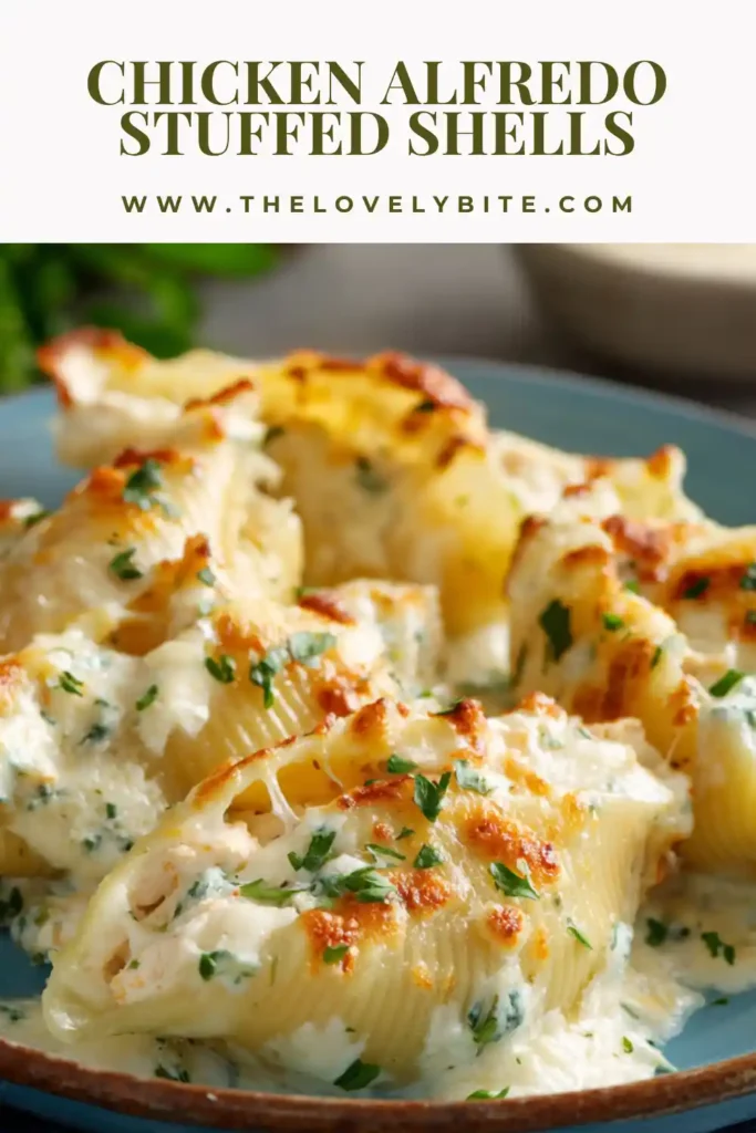 Close-up of Chicken Alfredo Stuffed Shells showing creamy Alfredo sauce coating jumbo pasta filled with chicken and cheese. Perfect comfort food dish.
