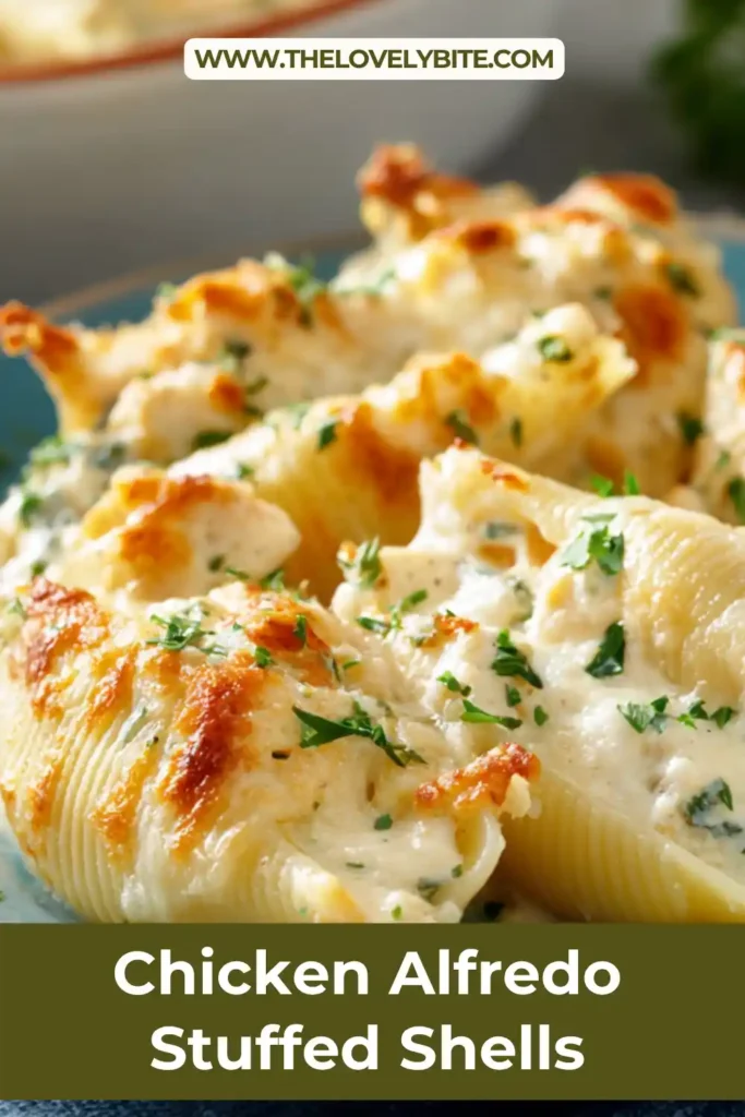 Oven-baked Chicken Alfredo Stuffed Shells with golden melted mozzarella on top and creamy sauce bubbling underneath. A hearty pasta bake.