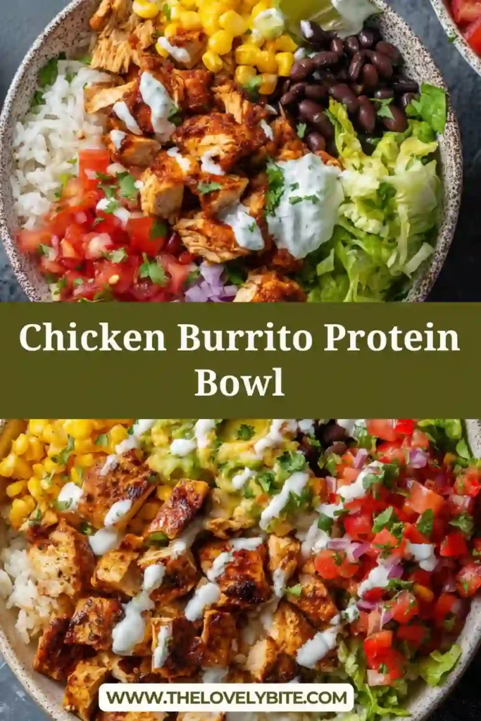 A vibrant chicken burrito protein bowl with chipotle chicken, rice, avocado, beans, and fresh vegetables in a serving bowl.