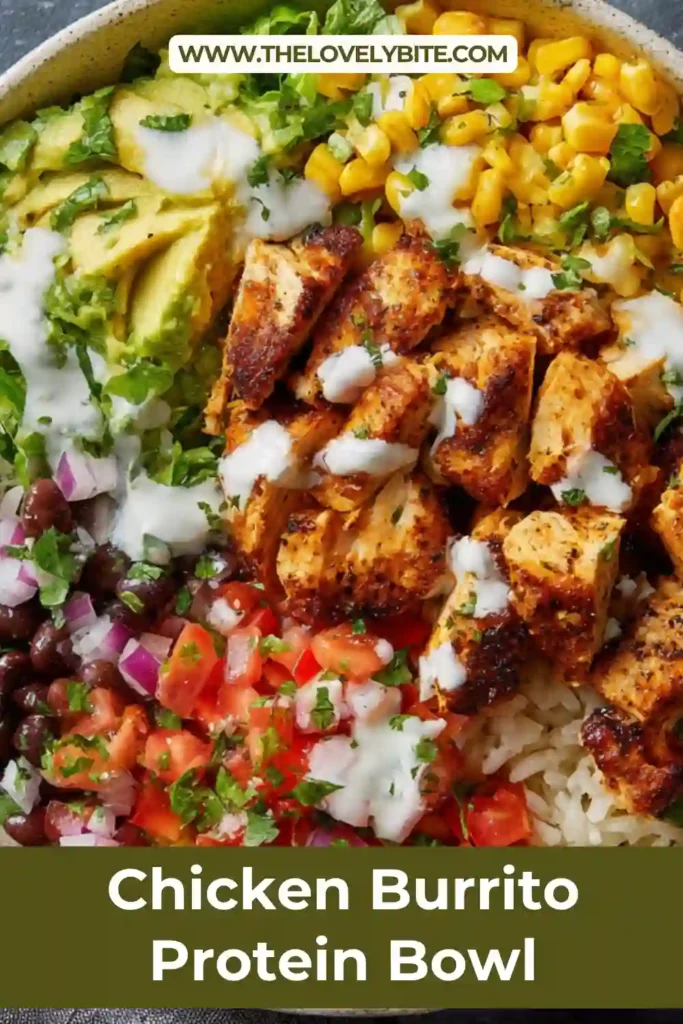 Healthy chicken burrito protein bowl topped with cilantro lime rice, grilled chicken, corn, and tomatoes.