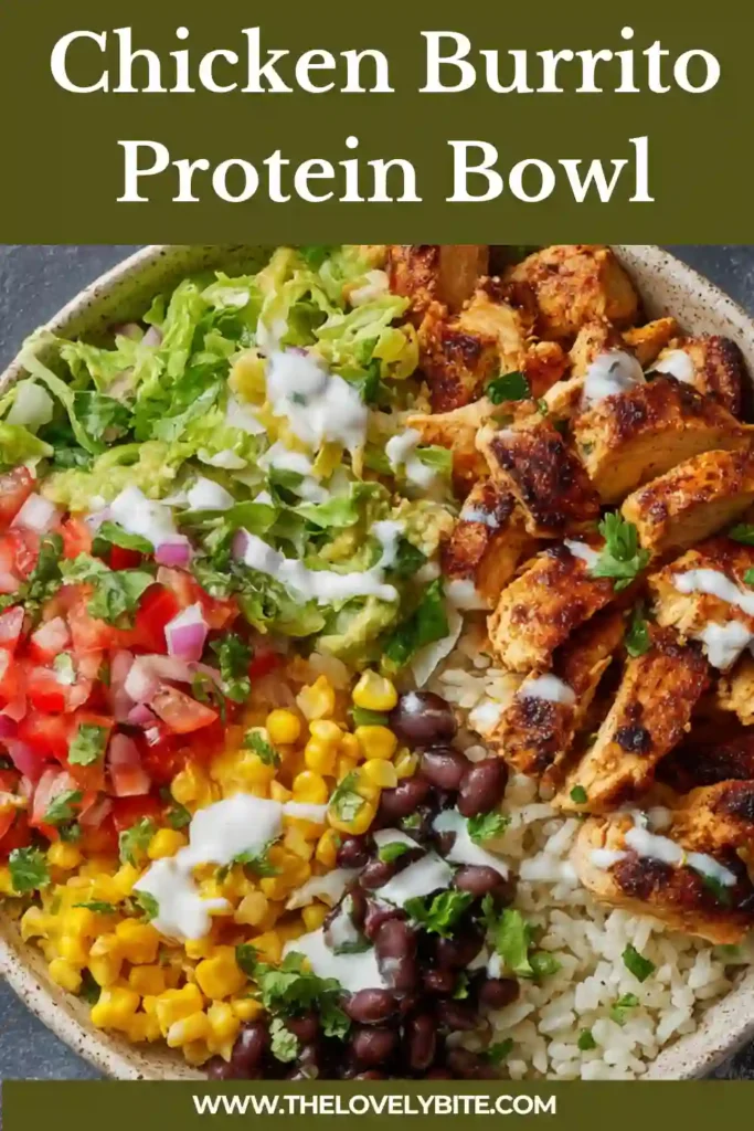 Close-up of a colorful chicken burrito protein bowl showing fresh ingredients and textures.