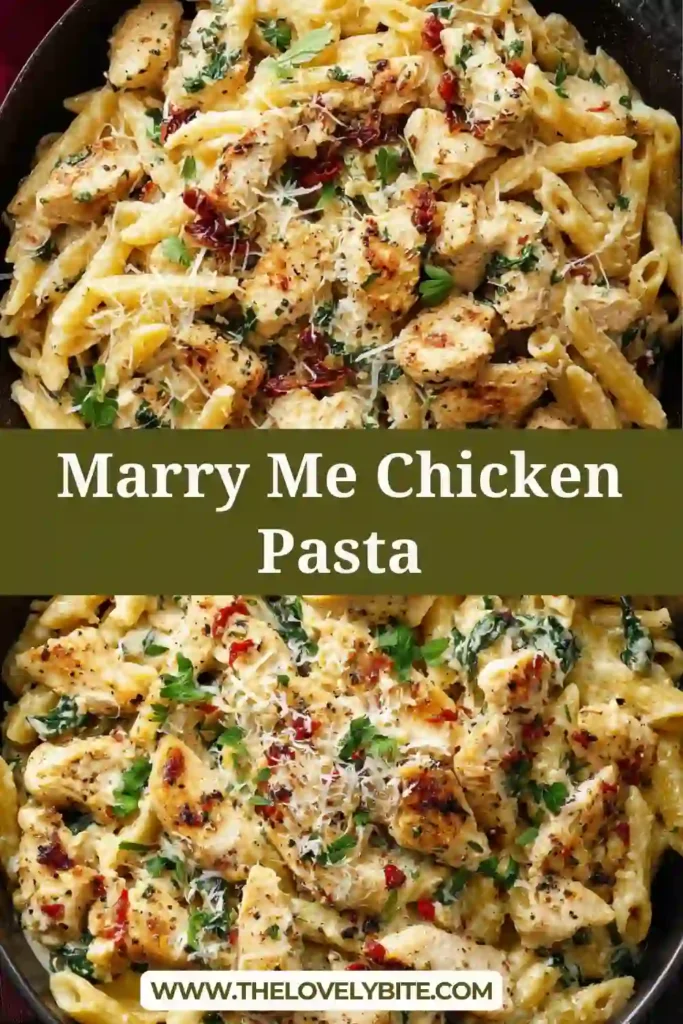 A bowl of creamy marry me chicken pasta made with tender chicken, parmesan cream sauce, and sun-dried tomatoes served with fresh basil.