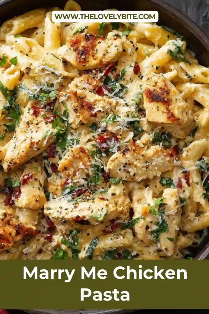Close-up of marry me chicken pasta featuring juicy chicken pieces and creamy parmesan sauce tossed with pasta.