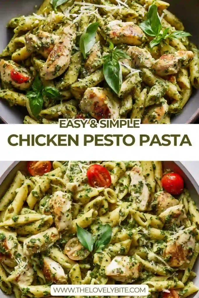 Creamy Chicken Pesto Pasta served in a bowl with penne, grilled chicken pieces, and fresh basil garnish. The sauce looks rich and smooth.
