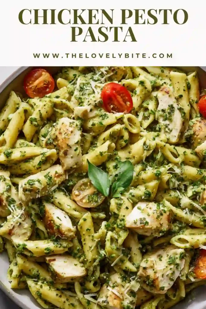 Homemade Chicken Pesto Pasta in a skillet with creamy pesto sauce coating penne and juicy chicken chunks.