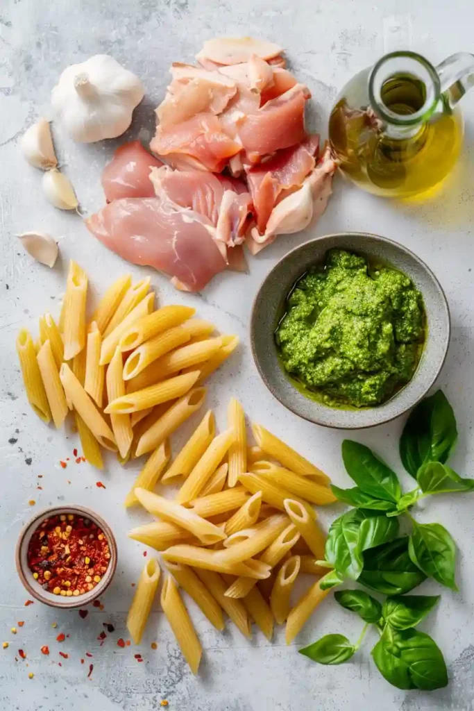 Freshly cooked Chicken Pesto Pasta plated with herbs and cheese, highlighting the vibrant green pesto and creamy consistency.