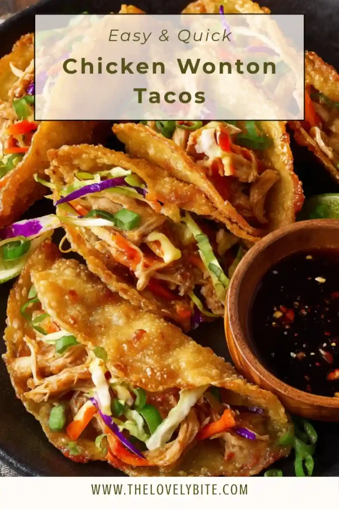 A plate of Chicken Wonton Tacos filled with glazed chicken and topped with crunchy cabbage slaw. The crispy wonton shells are garnished with fresh cilantro and served with lime wedges for a bright finish.