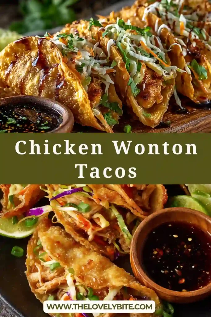 These Chicken Wonton Tacos feature golden fried wonton wrappers stuffed with tender marinated chicken and sesame slaw. The tacos look crisp, colorful, and perfect for an easy appetizer or dinner.