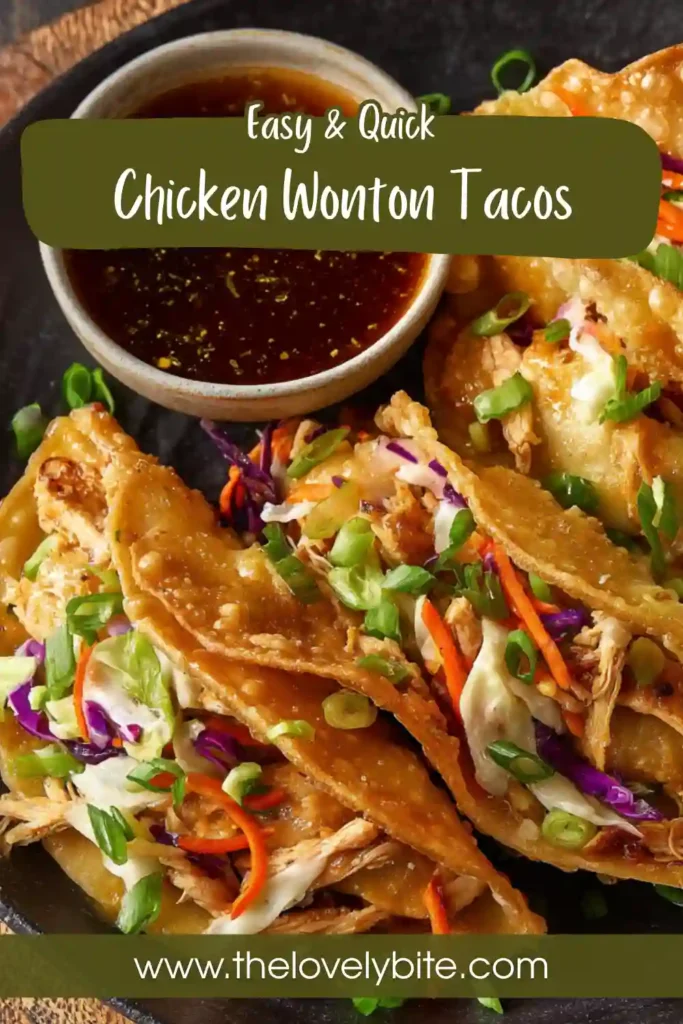 Close-up of homemade Chicken Wonton Tacos with juicy chicken, shredded cabbage, and carrots in crispy wonton taco shells. Fresh cilantro and lime add a vibrant, flavorful touch.