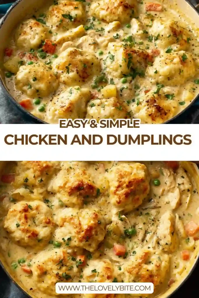 A bowl of homemade chicken and dumplings with tender chicken, carrots, celery, and fluffy dumplings in a creamy broth. This comforting chicken and dumplings recipe is perfect for a warm family dinner.