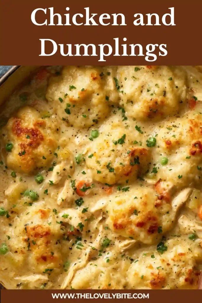 Creamy chicken and dumplings served in a rustic bowl with vegetables and soft dumplings. The hearty soup highlights a classic homemade chicken dumplings recipe.