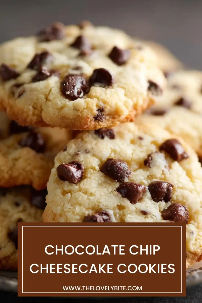 Stack of homemade Chocolate Chip Cheesecake Cookies showing their soft center and creamy cookie texture.