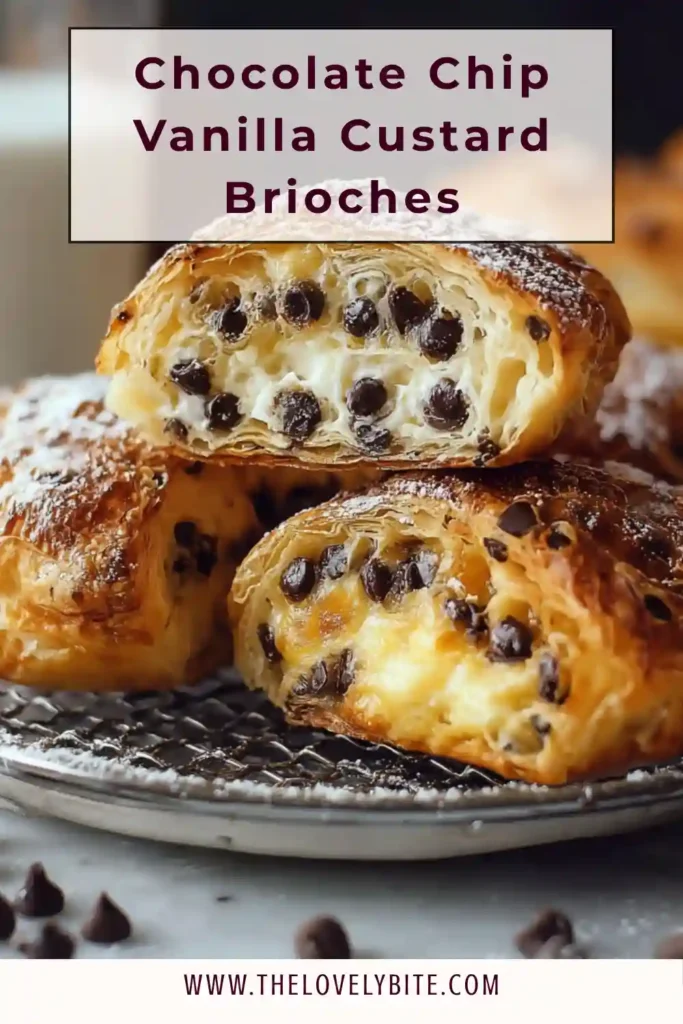 Soft Chocolate Chip Vanilla Custard Brioches with creamy filling and golden crust fresh from the oven.