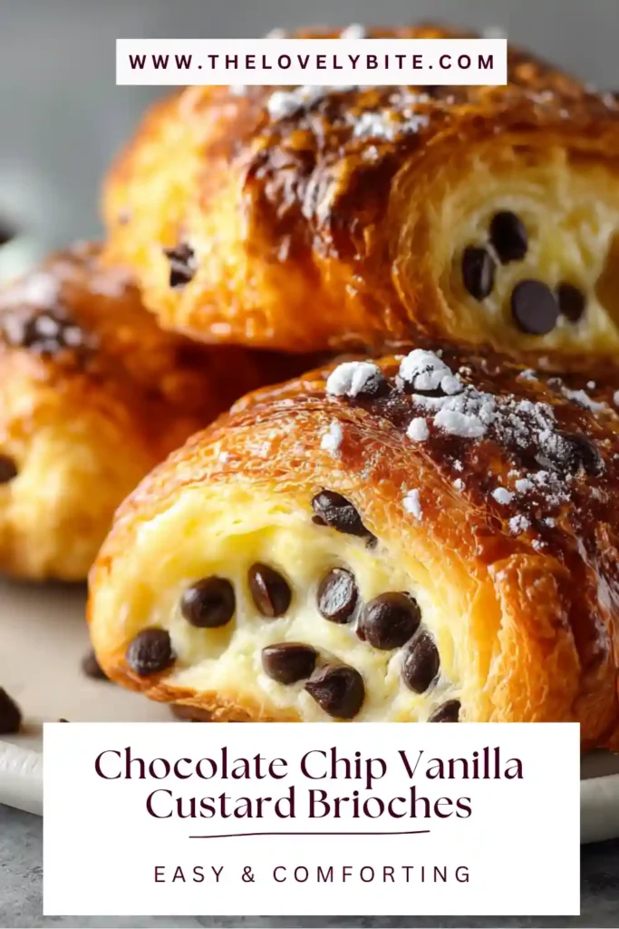 Homemade Chocolate Chip Vanilla Custard Brioches arranged on a tray with glossy finish.