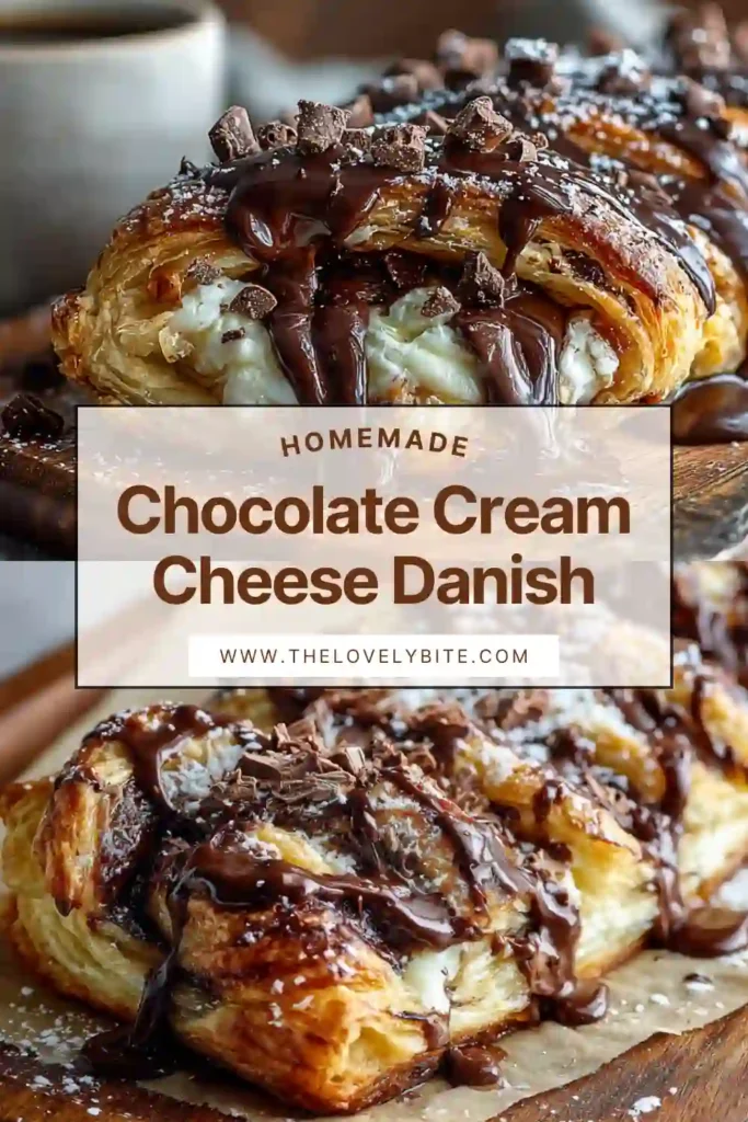 A freshly baked chocolate cream cheese danish with golden flaky puff pastry and melted chocolate drizzle on top. The creamy filling is visible between braided layers.