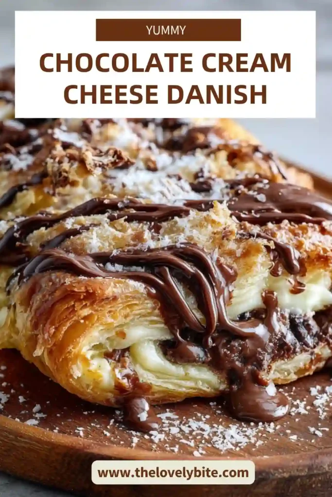 Close-up of chocolate cream cheese danish showing rich cream cheese filling and semi-sweet chocolate inside crisp puff pastry.
