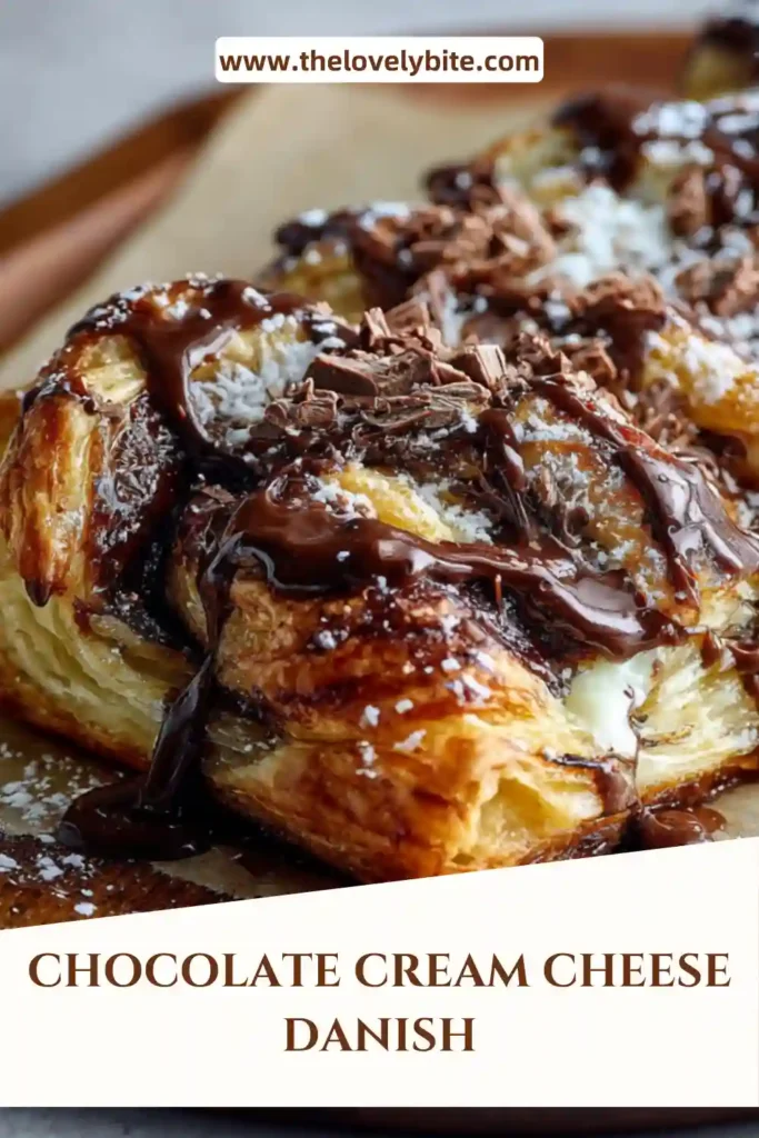 Homemade chocolate cream cheese danish sliced on a plate with visible layers of pastry, cream cheese, and chocolate filling.