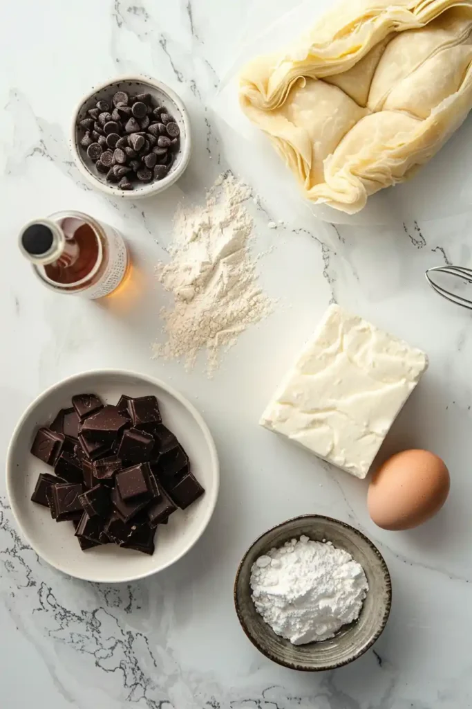 Golden brown chocolate cream cheese danish topped with melted chocolate, served fresh from the oven on a baking tray.