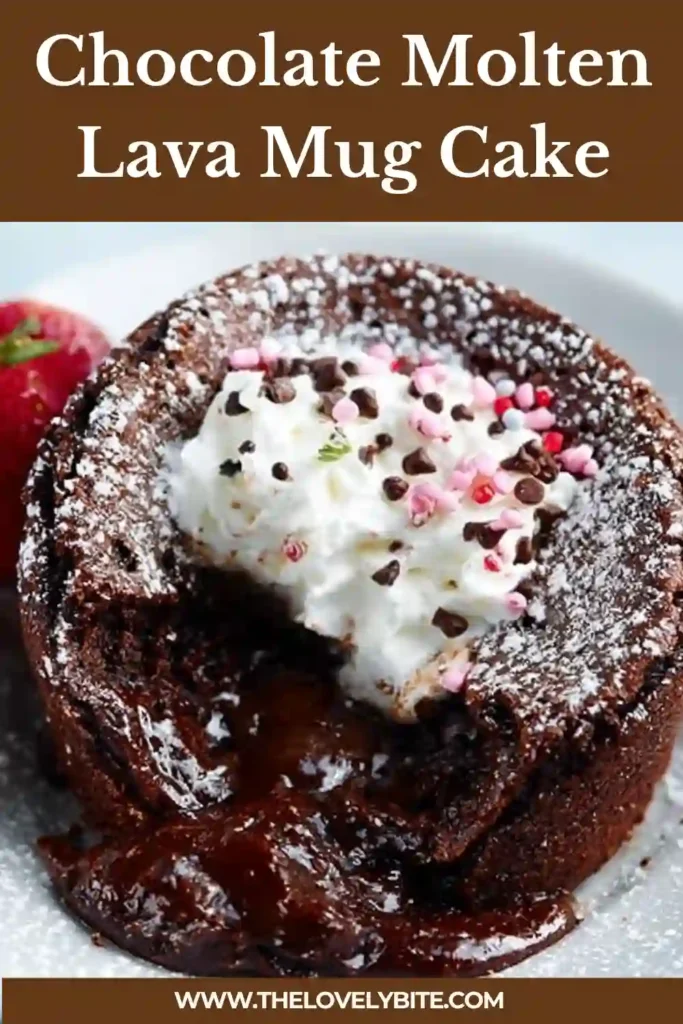 A rich Chocolate Molten Lava Mug Cake with a gooey melted chocolate center in a white mug topped with whipped cream and sprinkles.