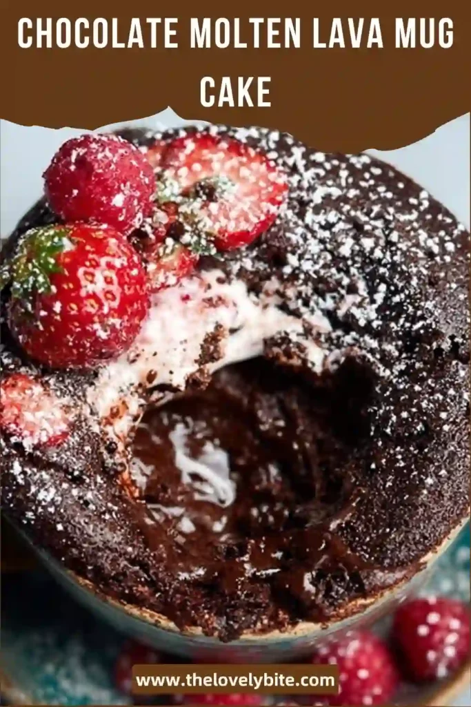 Close-up of a freshly made Chocolate Molten Lava Mug Cake showing its soft texture and molten chocolate filling.