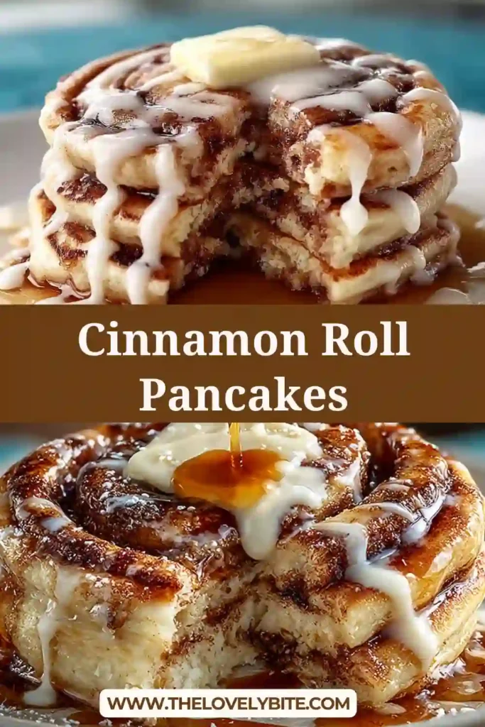 A stack of fluffy cinnamon roll pancakes topped with cream cheese glaze and cinnamon swirl. The pancakes are golden brown with a sweet spiral pattern.