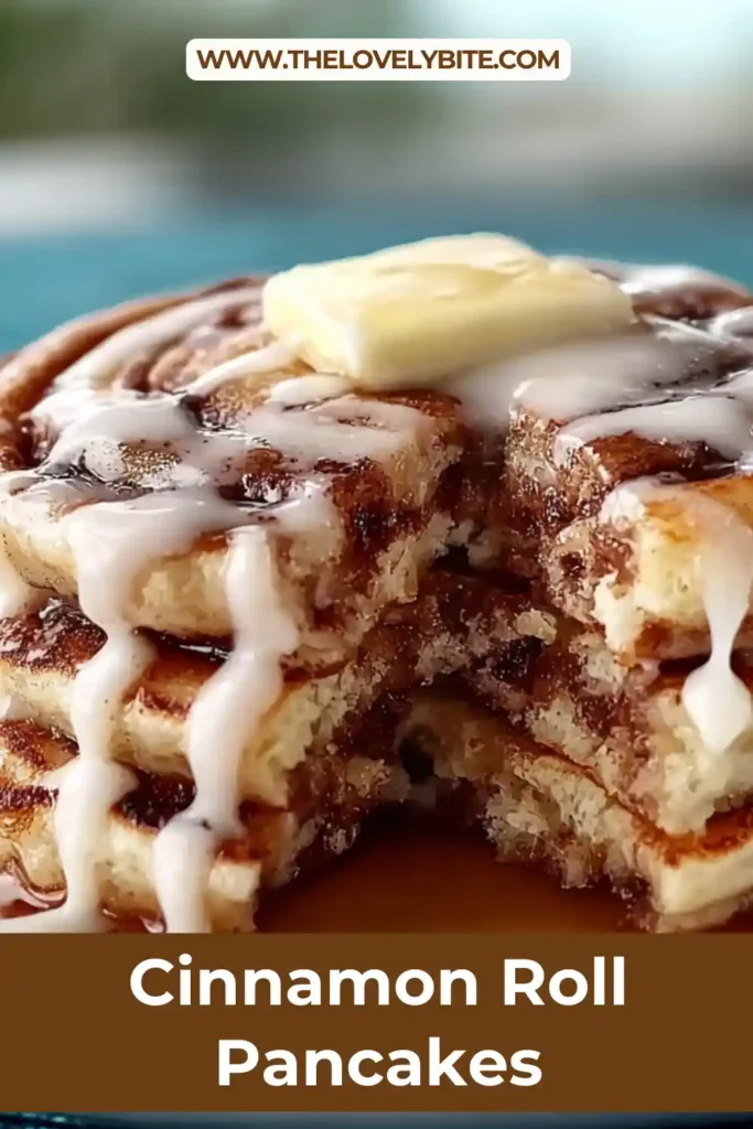 Close-up of cinnamon roll pancakes with caramelized cinnamon swirl and smooth cream cheese glaze. A cozy breakfast dish perfect for weekend mornings.