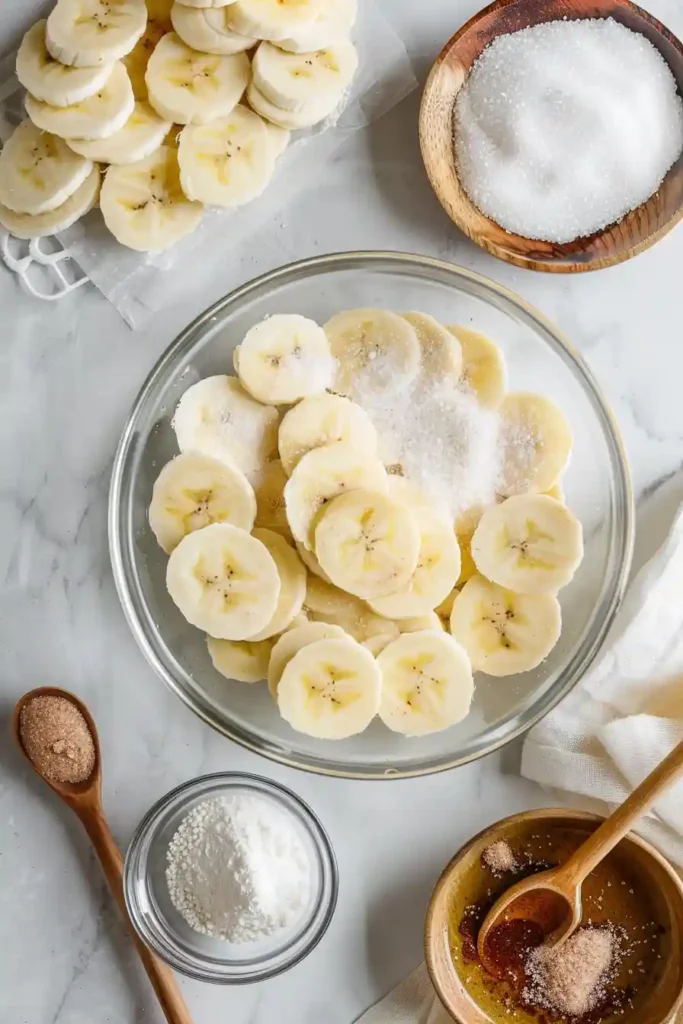 A bowl of Cinnamon Sugar Air Fryer Banana Chips made with thinly sliced bananas, cinnamon, and sugar. The chips are golden, crisp, and lightly coated for a sweet homemade snack.