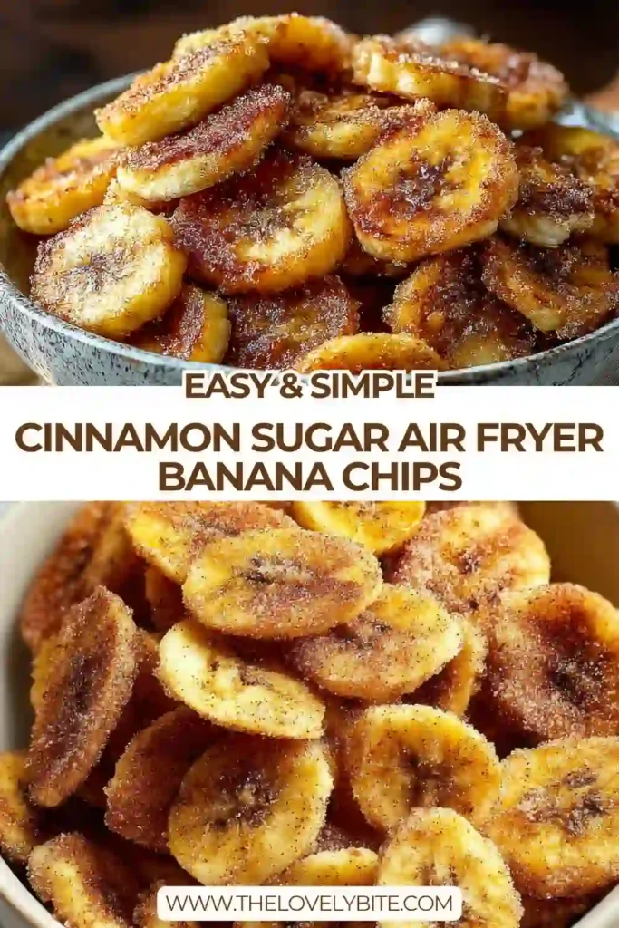 Close-up of Cinnamon Sugar Air Fryer Banana Chips arranged on a plate with a warm golden color and crisp edges. This easy air fryer banana chips recipe makes a simple and flavorful snack.