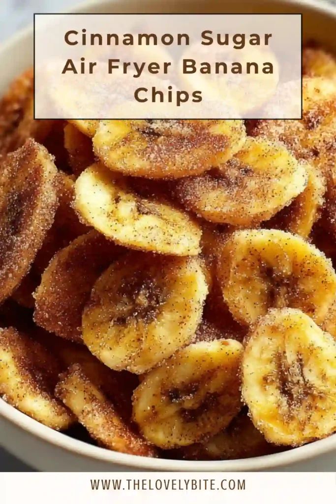 Homemade Cinnamon Sugar Air Fryer Banana Chips cooling on a wire rack after air frying. The banana slices look crisp, caramelized, and coated in a sweet cinnamon sugar mixture.