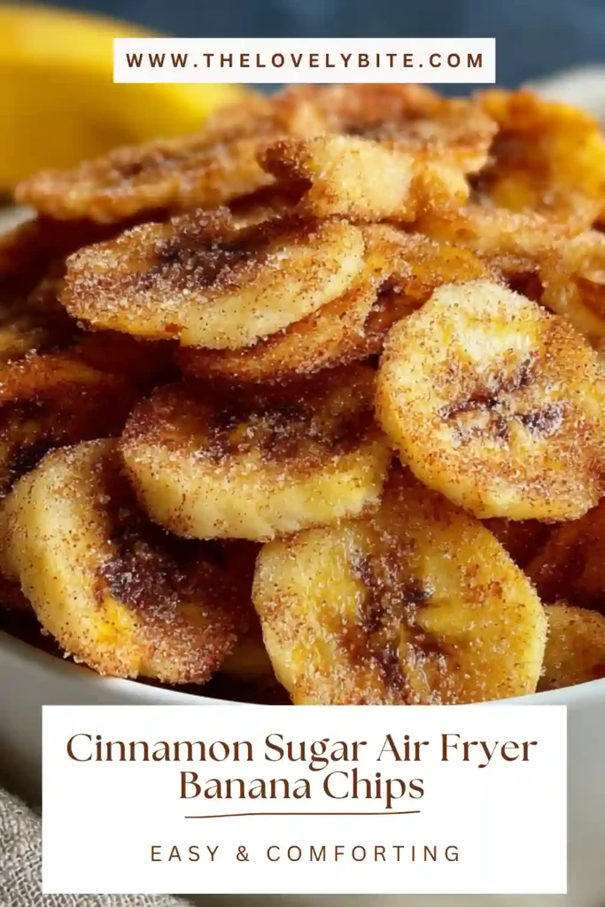 A serving of Cinnamon Sugar Air Fryer Banana Chips in a small snack bowl with a crunchy texture and warm spiced finish. These homemade banana chips are perfect for an easy sweet snack.